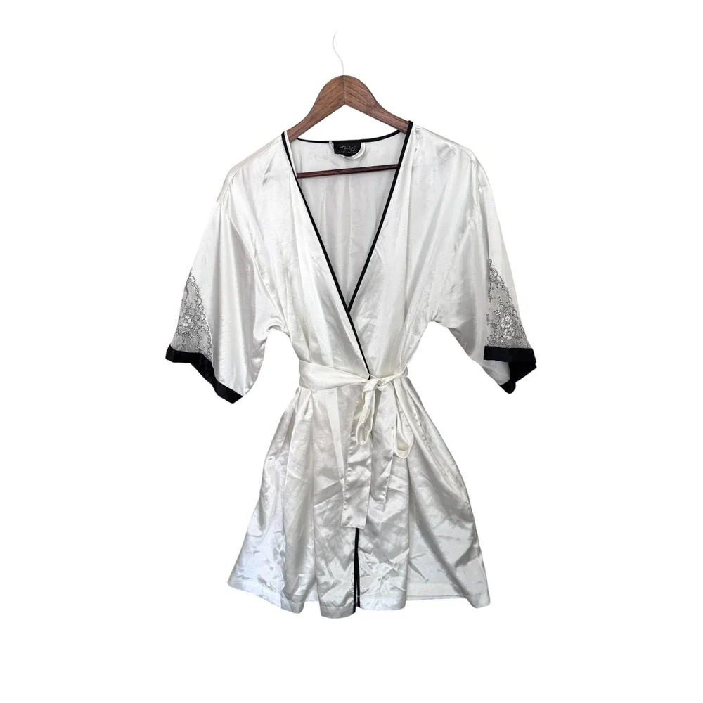 Vintage Ivory Satin Black Lace Kimono Robe with White Rose, Small Size